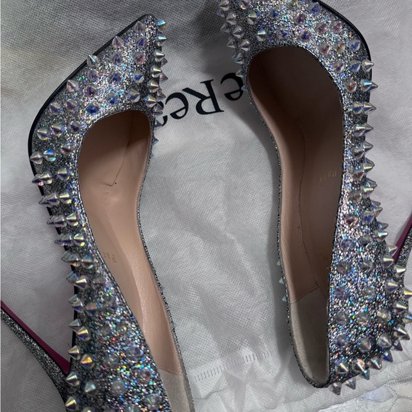 RARE Christian Louboutin Studded Silver & Suede Holographic Heels - Picture 10 of 16